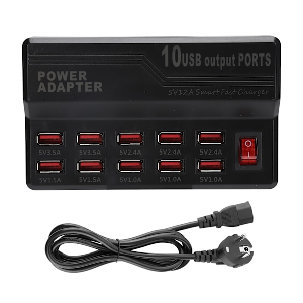 USB Smart Laddare 10-Portar 12A Snabbladdningsstation Power Hub Strip Plug Dock Block 100-240VEU Plug