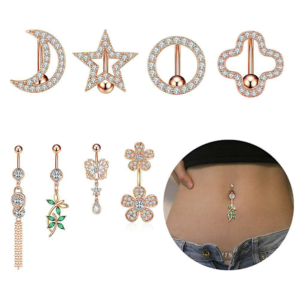 Rose guld navle ring med zirkon sommerfugl, stjerne og måne charms
