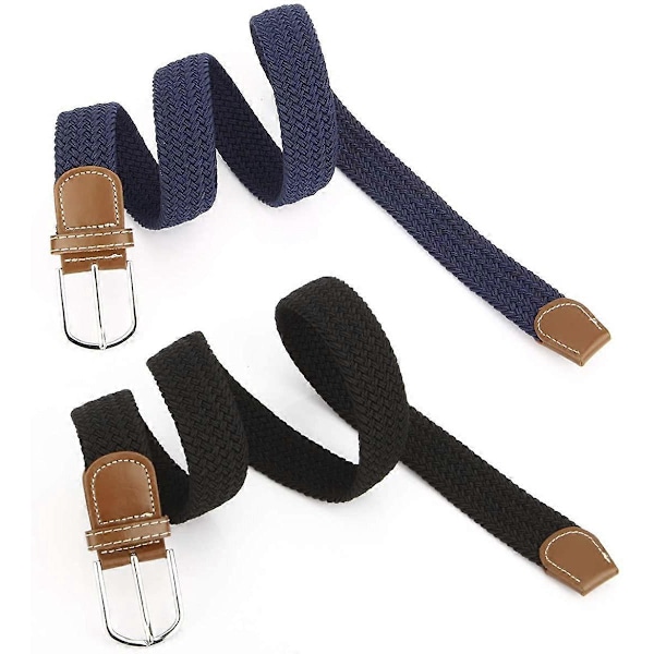 2-pack vävda stretchbälten för dam, blå + svart elastiskt bälte för herr för jeans och byxor