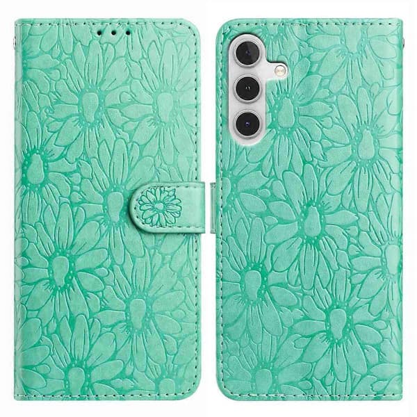 Leather Case with Embossed Daisy Pattern, Wallet Stand, Protective Phone Cover for Samsung Galaxy A56 5G Green