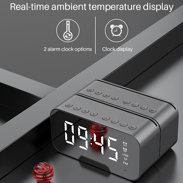 Sängbords Bluetooth-spegelyta LED-väckarklocka Högtalare FM-radio Trådlös digital väckarklocka för sovrumskontor Resor