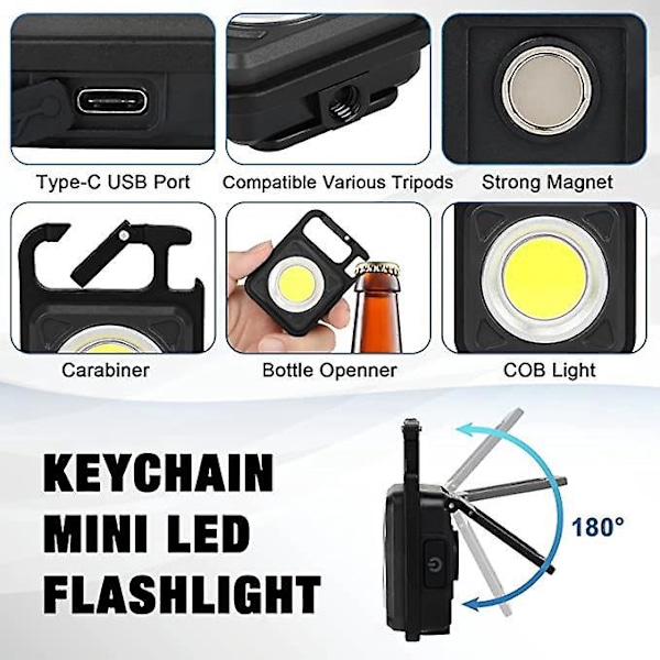 Mini Genopladelige LED Inspektionslys Bredvinklet Magnetisk COB LED Arbejdslampe Vandtæt Lommelygte Mekaniker Håndlampe til Nødsituationer, Reparation, Camping