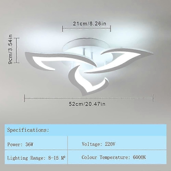 Modern akryl bladformad 36W LED taklampa med 3 kronbladsformade lampor, 6500K kallvitt ljus, lämplig för sovrum, vardagsrum.