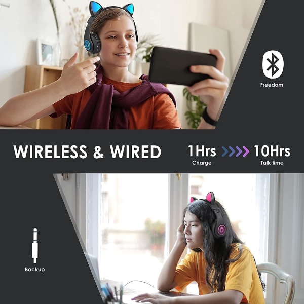 Sammenleggbare Cat Ear trådløse Bluetooth-hodetelefoner med innebygd mikrofon for barn, stereolydhodesett for telefoner, nettbrett og PC (svart)