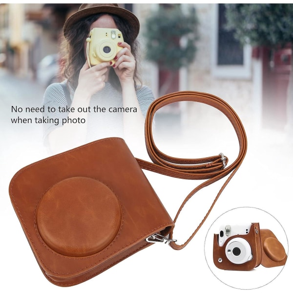 Glat PU læder kamerataske med skulderrem og indbygget lomme til Instax Mini 12 - Beskyttende opbevaringstaske til Instant Camera