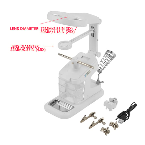 1 stk USB Elektrisk Loddebolt Arbeidsstasjon med 3X/4.5X/25X Lupe LED-lys Brettklemmer (Hvit)