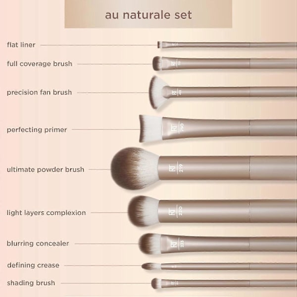 Makeup børstesæt, til foundation, pudder og concealere, førsteklasses ansigtsbørster, 9-delt sæt, guld