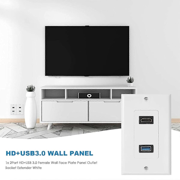 1x 2-Port HDMI+USB 3.0 Hun Veggplate Panel Uttak Skjøteledning