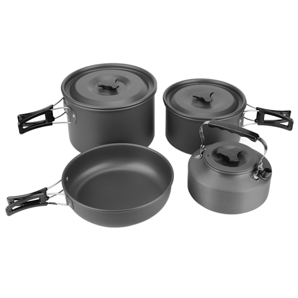 Camping-köksredskap i aluminiumlegering, gryta, tekanna, stekpanna, tallrik, skål, soppsked för utomhusresor