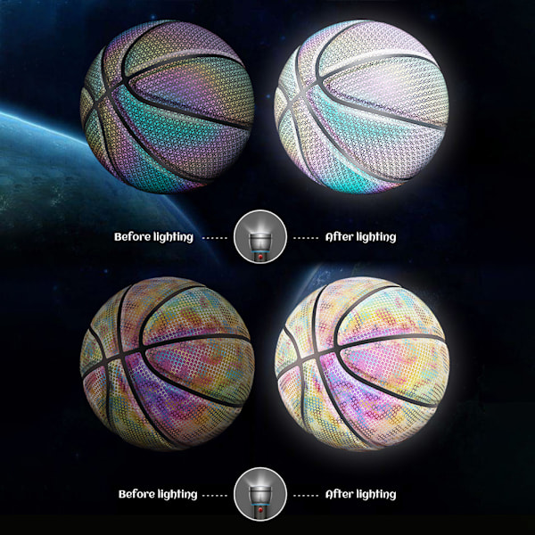 Reflekterende holografisk basketball i størrelse 7 for nattspill, lyser opp i mørket, basketballgaver, leker for voksne og barn