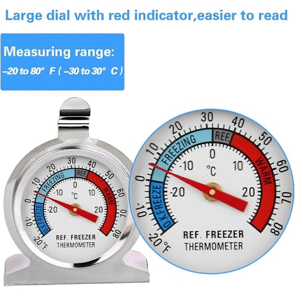3 stk. Stort Display Rustfritt Stål Temperatur Kjøleskapstermometer for Fryser med Hengekrok og Stativ (3 stk.)