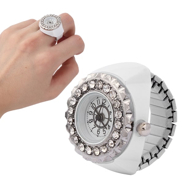 Finger Ring Watch Shining Rhinestone Decoration Quartz Ring Watch for WomenWhite