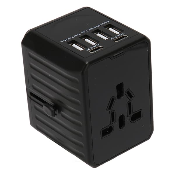 8A Universal Rejseadapter 2 USB C 4 USB A-porte International Strømstikadapter til USA EU UK 100-240V Sort