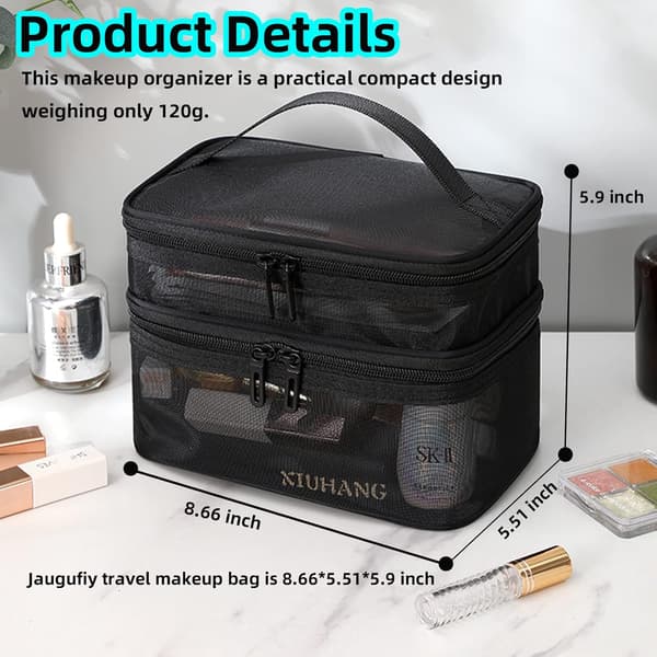Makeup Bag with Double Compartments, Portable Mesh Toiletry Bag with Handle (Black)