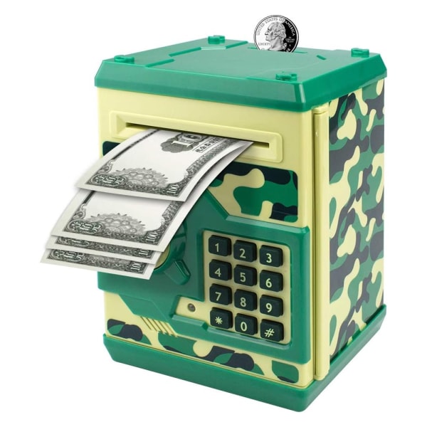 Kids Toy Piggy Bank, Mini ATM Elektronisk banktjenester for mynter og sedler med kode og automatisk pengerulling for gutter, jenter (Green Camo)