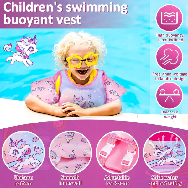 Rosa Unicorn flytväst för simning, baddräkt för barn hjälper barn att lära sig simma. Passar pojkar och flickor i åldrarna 2-6, 14-30 kg