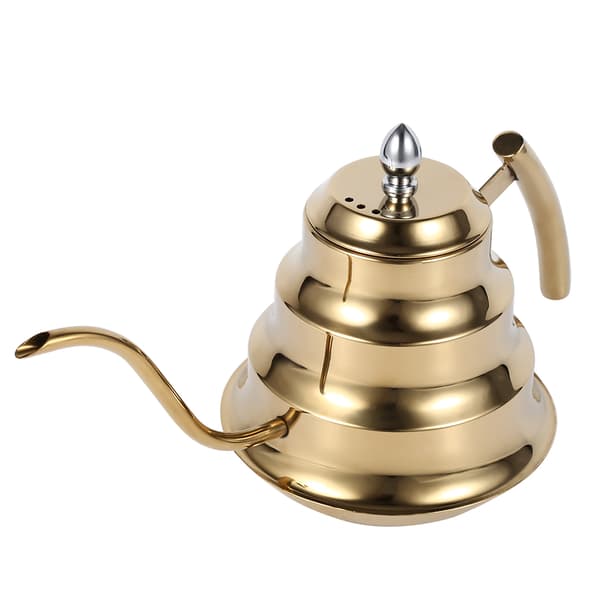 Kaffekanne i rustfritt stål med bambusledd-design, svanehals, for dryppkaffe og infusjon (gull)