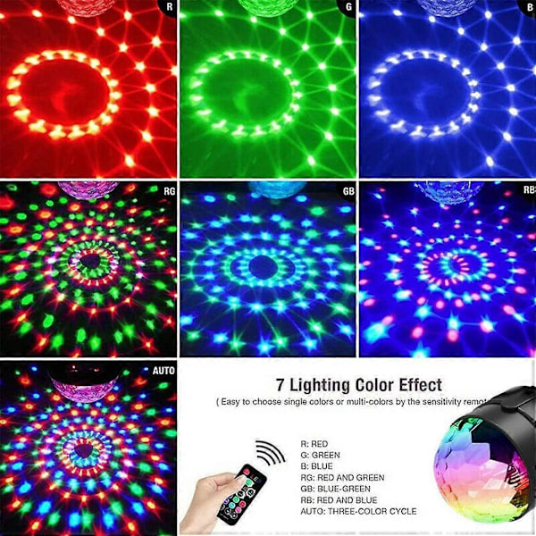 Mini Diskokule LED Partylys Musikkontroll 360 Roterende Kulelys RGB Scenelys med Fjernkontroll for Fester og Festivaler.
