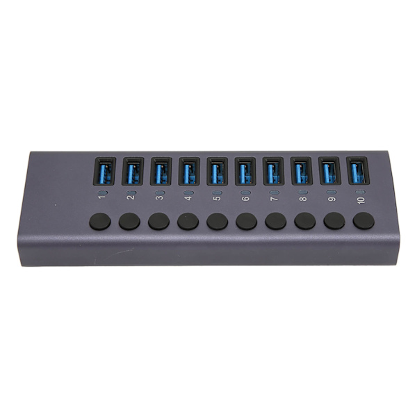 Strömdriven USB-hubb 10 portar individuell switch aluminiumlegering 5 Gbps överföring USB 3.0-hubb för PC bärbar dator HDD 100-240 V EU-kontakt