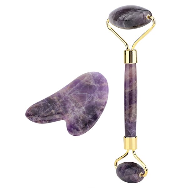 Naturlig ametist Dubbelhuvud Jade Stone Roller & Guasha skrotningsplatta Ansiktsmassageverktygssats
