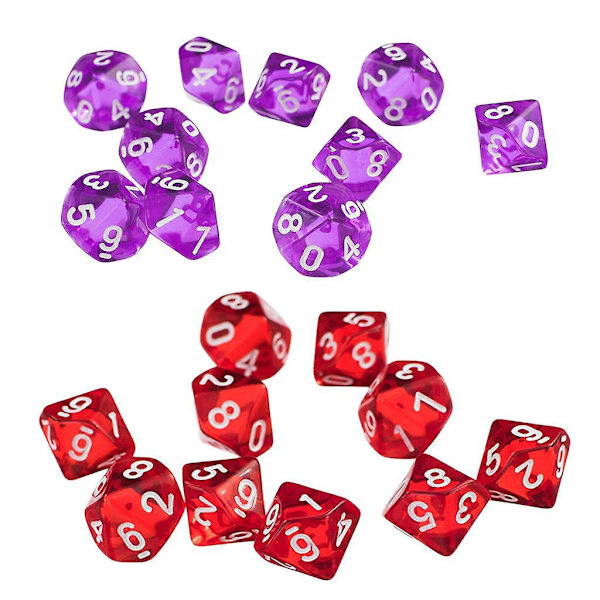 20 kappaletta D10 polyedrisiä noppia Dungeons and Dragons -peliin, purppura+punainen