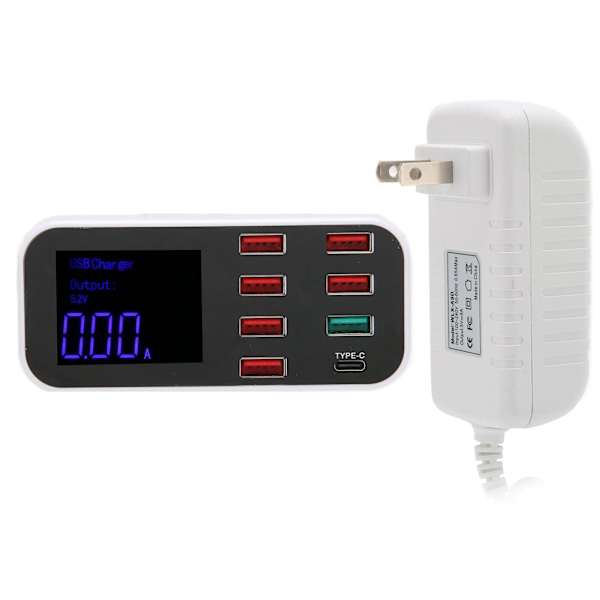 Flere USB-lader 8-porters skrivebordsladestasjon med QC 3.0 USB-port og Type C-port 100-240VUS-plugg