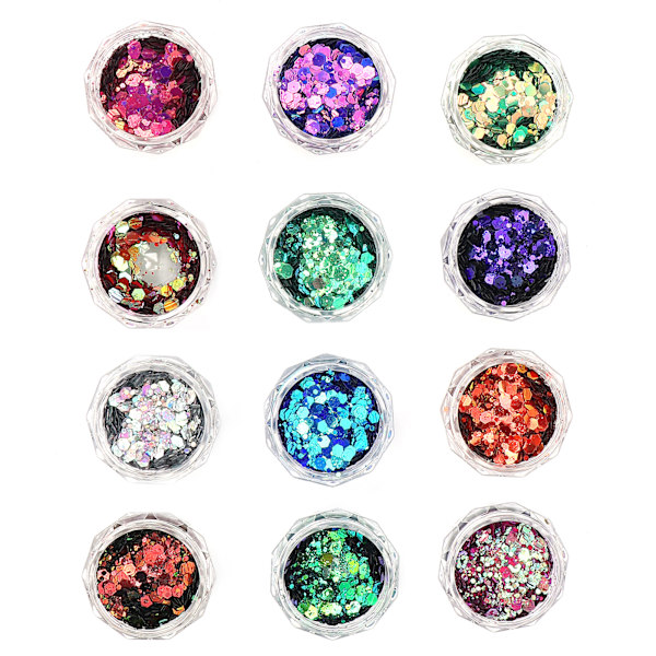 Glittrande nagelkonstglitter, paljetter, nagelpaljetter, iriserande flingor, blandade färger, nagelglitter, 12 lådor/set