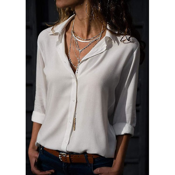 Elegant Hvit Chiffon V-Hals Bluse, XL - Monokrom Langarmet Topp for Kvinner