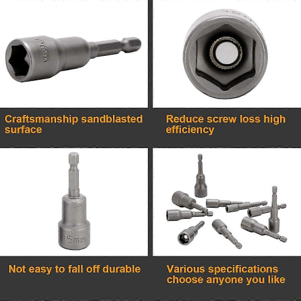 10 stk. Slagtrekkerbitssett 6-15mm Magnetisk sekskantpipe-sett Magnetisk bitssett Drill sekskantdrift pipe-sett 1/4 tomme for hurtigskift chuck