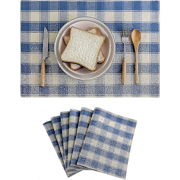 Ruudulliset pöytätabletit, 6 kpl, lämmönkestävät ruokapöydän maalaistalon pöytätabletit keittiön pöydälle, 13 x 19 tuumaa, sininen