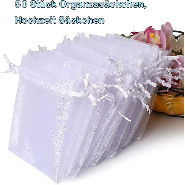 Pakke med 50 små hvide organza-tasker til smykker, bryllupsgaver og gaver