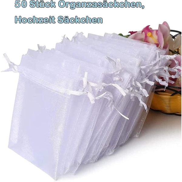 Pakke med 50 små hvite organzaposer for smykker, bryllupsgaver og gaver