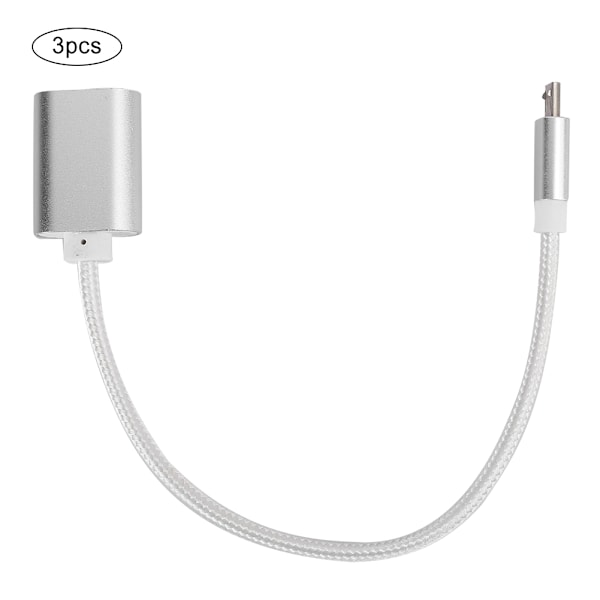 3 stk. flettet kludforstærket stik, ingen rust, jævn transmission, USB-indgang, mikro-udgang, OTG-adapterkabel til Android, sølv
