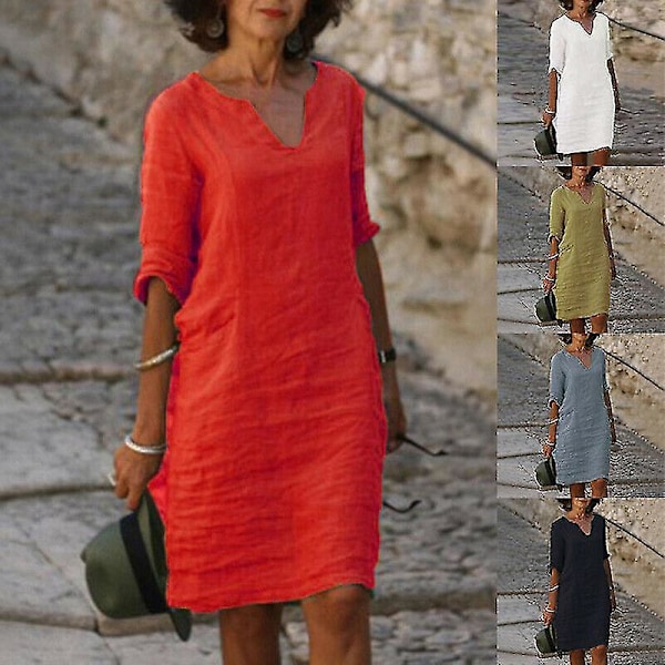 V-hals baggy bomull lin midi kjole XL khaki