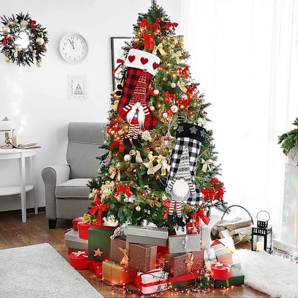 Personlig Julstrumpa, 2 Stycken Hängande Julstrumpor, Klassisk Röd och Svart Rutig Hängande Julstrumpa Dekorationer, Stor Julman