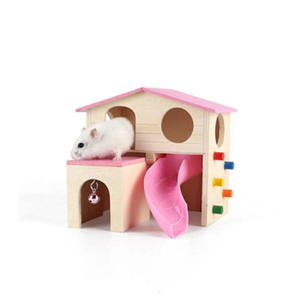 Rosa kjæledyr til smådyrs gjemmested Hamsterhus med treklatrestige og Gerbilhytte for trening og lek