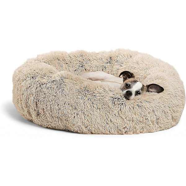 Beroligende donut katte- og hundeseng, lavet af groft eller Lux pels, maskinvaskbar, høj pude