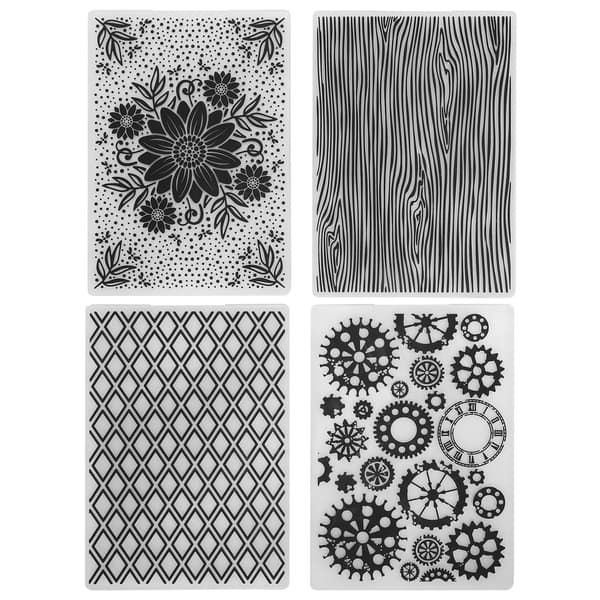 4 stk. pregefolder i plast, preget mal for DIY-kortlaging, scrapbooking, papirhåndverksverktøy