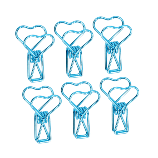 100 stk. Binder Clips Søde Tegneserie Hjerte Form Metal Udhulede Lange Hale Clips Papirklemmer Kontorartikler Blå