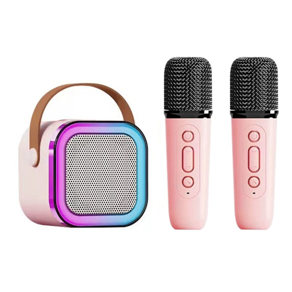 Mini Karaoke-maskin Karaoke-høyttaler med trådløs mikrofon Lyseffekter Bærbar Karaoke-system med batteri for hjemmefest Rosa med 2 mikrofoner