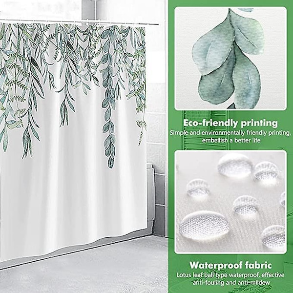 Bruseforhæng Vandtæt Skimmelsikker Badeværelsesforhæng Polyester Grønt Blad Plante Print Vaskbart med 12 C-kroge til Hjemme Badekar Brusekabine (180CM x