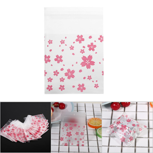 100 st/förpackning Blommönster Bröllop Plast Cookie Biscuit Godispåse (orientaliska körsbär 7 x 7 cm)