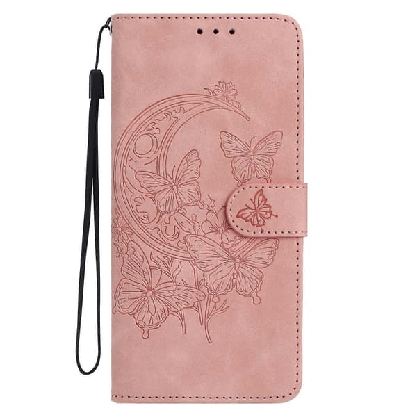 Etui til Samsung Galaxy A56 5G, sommerfugl blomst trykt PU læder pung stativ telefonbeskyttelse Rose Gold