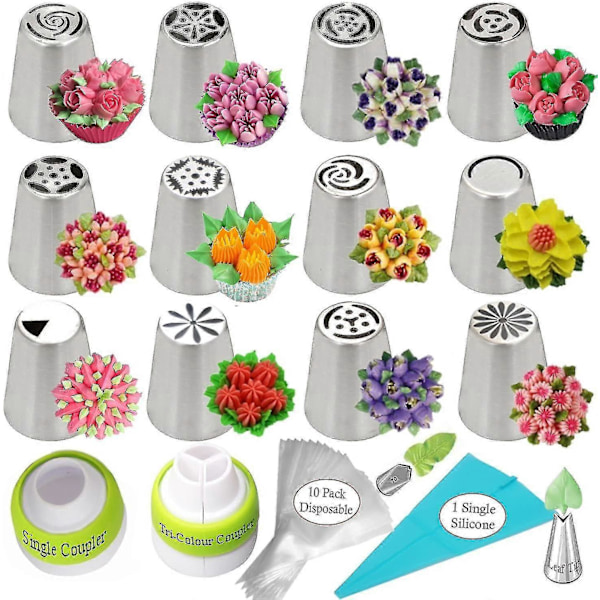 Artisan Russiske Sprøytetipper Sett Kakepyntutstyr Blomster Glasur Sprøytetipper Sett 12 Glasurdyser 2 Koblinger 2 Bladtipper 1 Silikonpose 10 Konditorposer