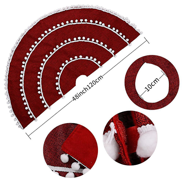 Julgransmatta 122 cm Röd Linne Julgransmattor Med Pom Pom För Juldekorationer