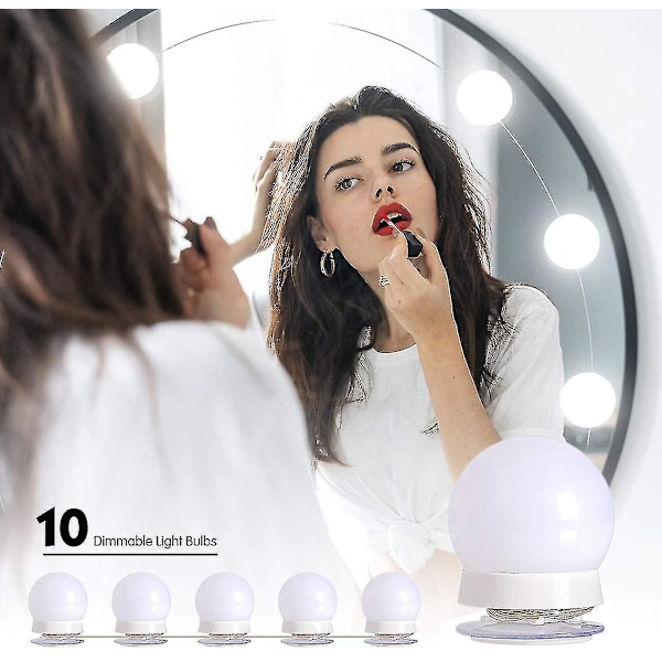 LED Vanity Lys Strip Kit med 10 Dæmpbare Pærer til Makeup Spejl i Fuld Længde, Vægspejl, Plug-In Vanity Spejl Lys med