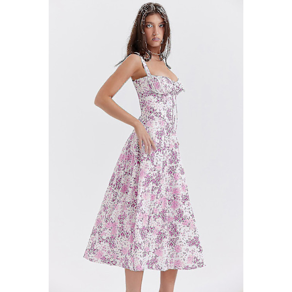 Floral Print Ærmeløs Ruched Buste Split Lår Boho Midi Kjole - Kvinder (Gratis fragt) S hvid rød