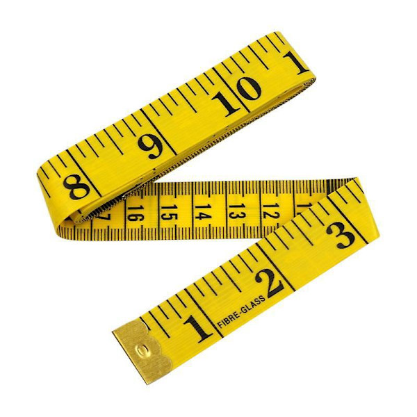 Sömnadsmåttband - 150 cm, dubbelsidig, svart text på gul bakgrund
