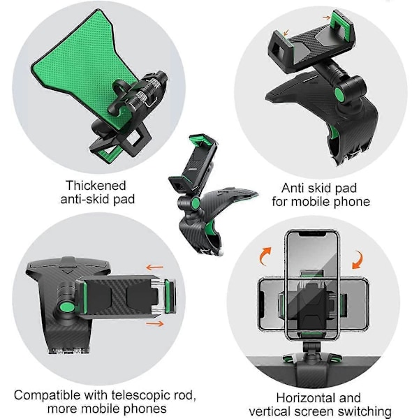 Multifunksjonell dashbord biltelefonholder med 360 justerbar fjærklemme, egnet for 3-7 tommers smarttelefoner (Svart-Grønn)