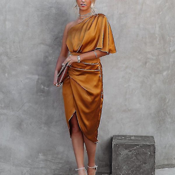 Solid Farvet Satin Bodycon Midi Kjole til Kvinder - Orange